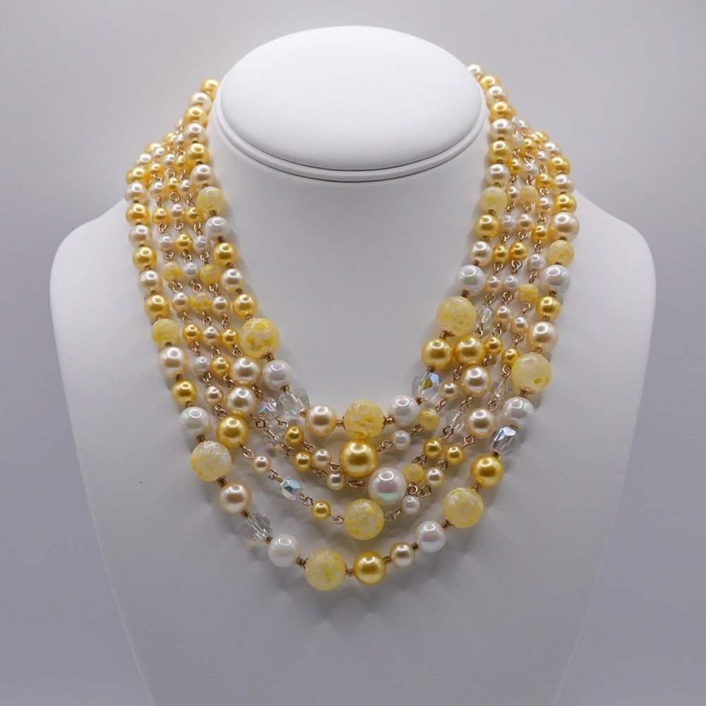 Vintage Japan -Yellow Layered Necklace- Faux Pearls with Crystal Beads